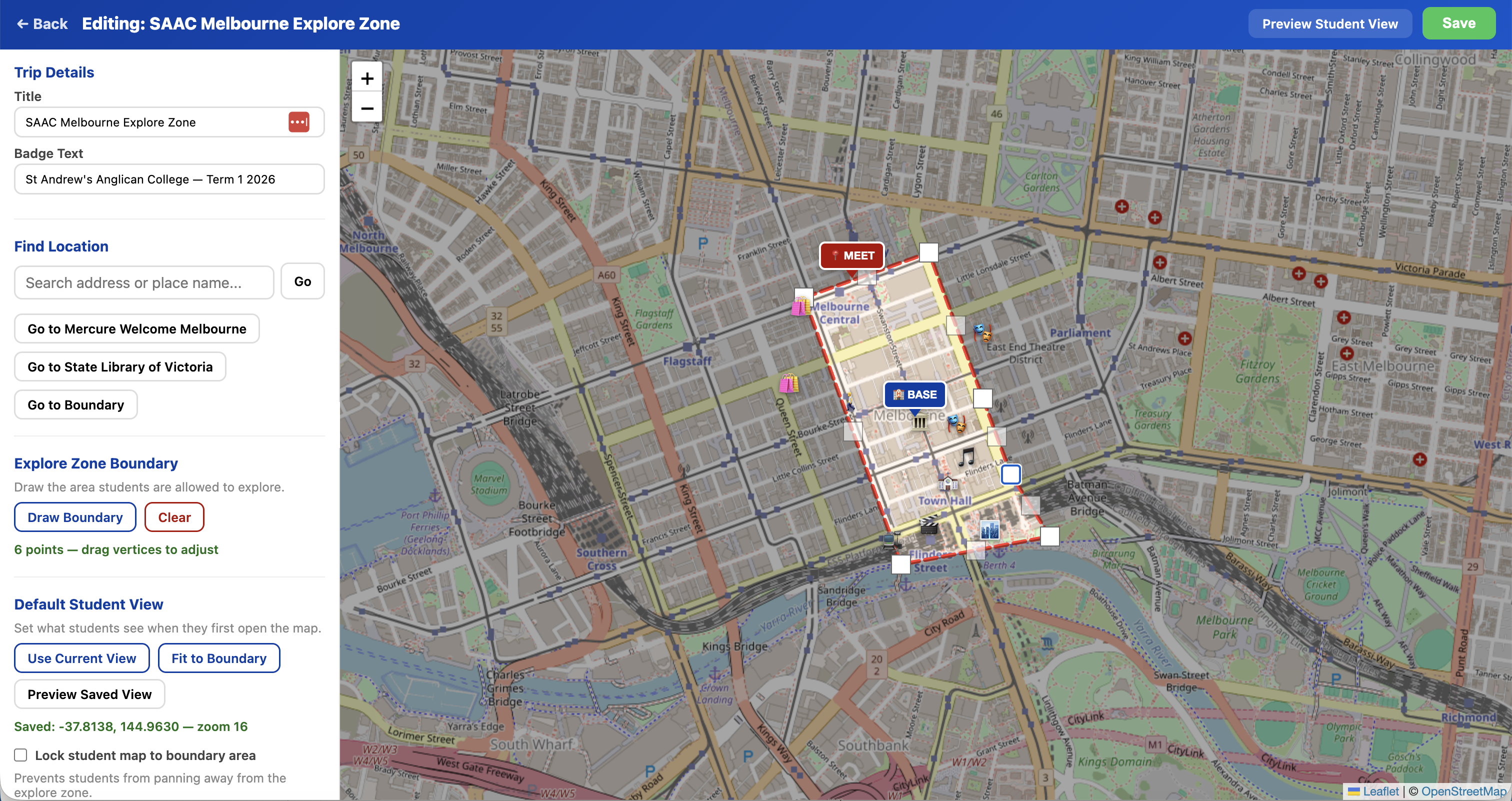 Explore Zones admin interface showing the Melbourne CBD boundary map